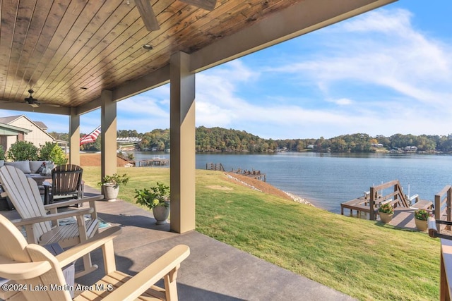 view of patio featuring ceiling fan and a water view