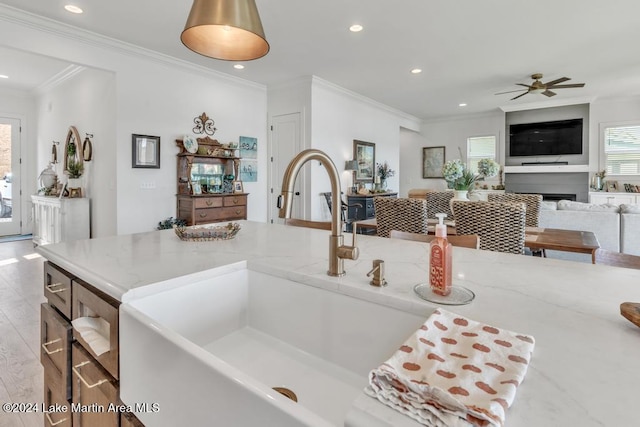 kitchen featuring light hardwood / wood-style floors, light stone counters, and crown molding