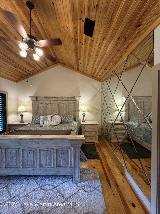 43 Shady Cv, Dadeville, AL 36853 - bedroom featuring wooden ceiling, hardwood / wood-style flooring, vaulted ceiling, and ceiling fan