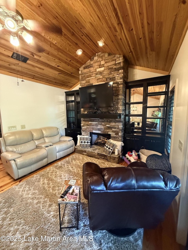 43 Shady Cv, Dadeville, AL 36853 - living room with wooden ceiling, lofted ceiling, ceiling fan, and a fireplace