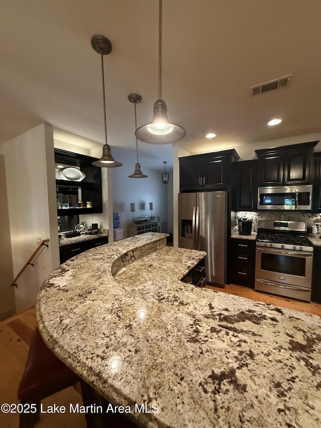 43 Shady Cv, Dadeville, AL 36853 - kitchen featuring appliances with stainless steel finishes, dark cabinets, light stone countertops, light wood-style floors, and pendant lighting