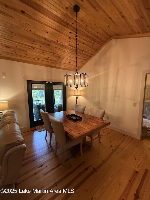 43 Shady Cv, Dadeville, AL 36853 - dining room with wooden ceiling, vaulted ceiling, french doors, hardwood / wood-style flooring, and a chandelier