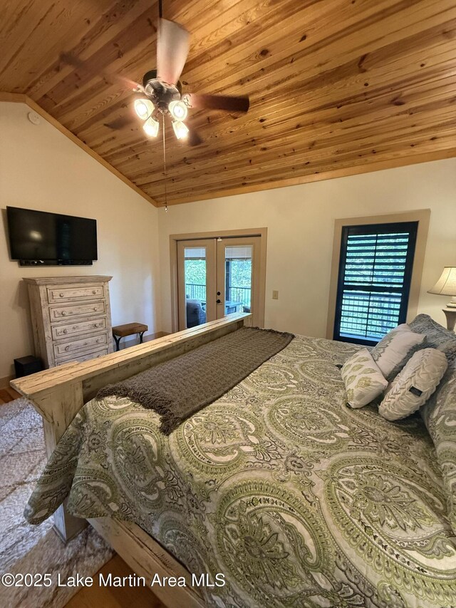 43 Shady Cv, Dadeville, AL 36853 - bedroom featuring wood ceiling, vaulted ceiling, french doors, access to exterior, and a ceiling fan