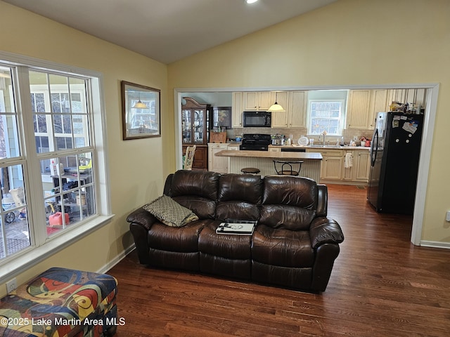 living room featuring a wealth of natural light, dark hardwood / wood-style flooring, lofted ceiling, and sink