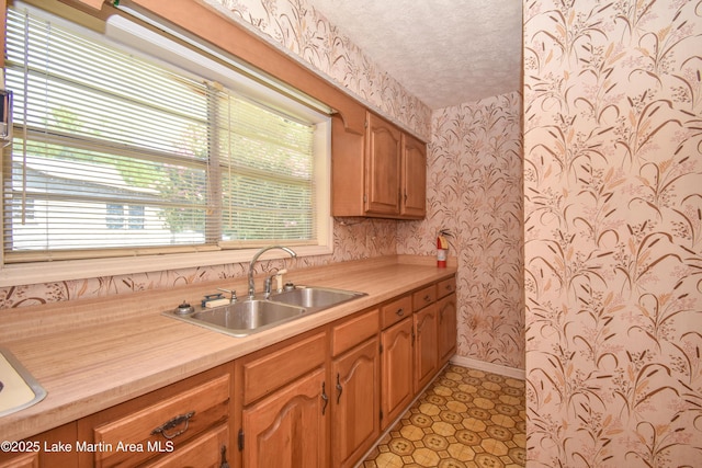 405 4th St, Tallassee, AL 36078 - kitchen with wallpapered walls and light countertops