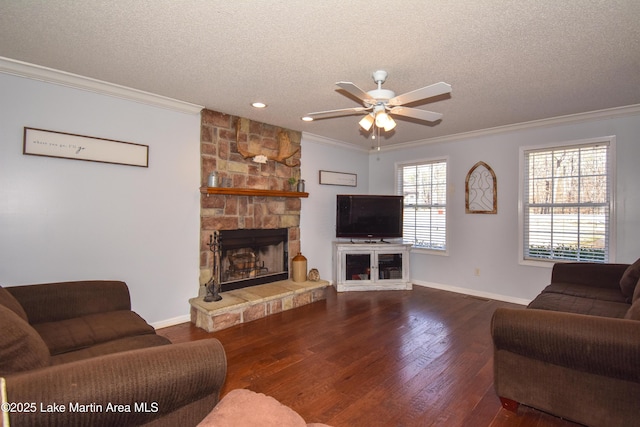 living room featuring ornamental molding and dark hardwood / wood-style floors