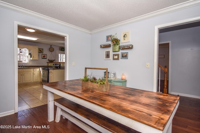 dining space with sink, dark wood-type flooring, ornamental molding, and a textured ceiling