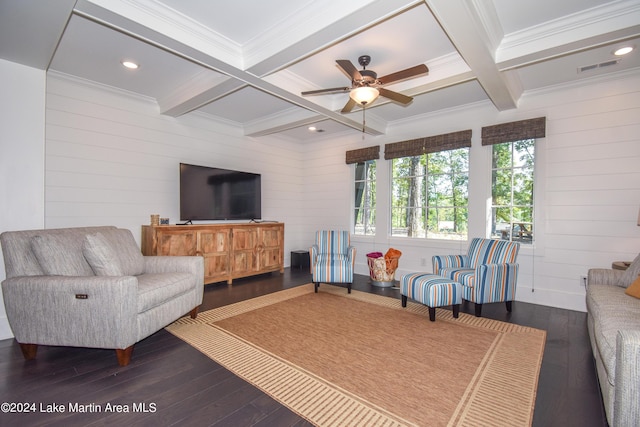 250 Old Jay Rd, Eclectic, AL 36024 - living area featuring crown molding, hardwood / wood-style floors, coffered ceiling, a ceiling fan, and wood walls