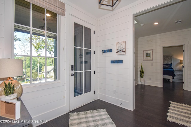 doorway to outside featuring wood walls and dark wood-type flooring