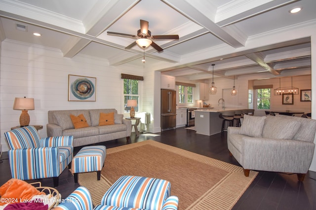 250 Old Jay Rd, Eclectic, AL 36024 - living area with coffered ceiling, beam ceiling, ornamental molding, ceiling fan, and dark wood finished floors
