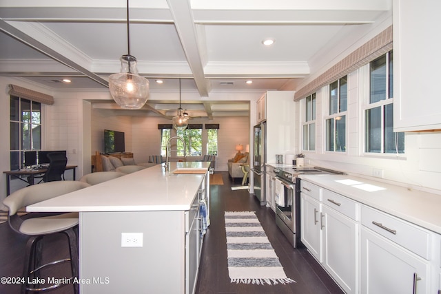 250 Old Jay Rd, Eclectic, AL 36024 - kitchen with stainless steel appliances, a breakfast bar area, open floor plan, dark wood-style flooring, and coffered ceiling
