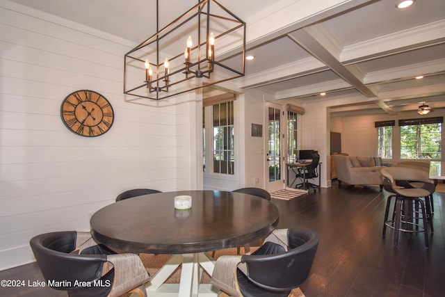 250 Old Jay Rd, Eclectic, AL 36024 - dining area with crown molding, wood finished floors, coffered ceiling, beam ceiling, and wooden walls