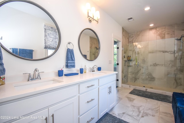 250 Old Jay Rd, Eclectic, AL 36024 - bathroom with recessed lighting, marble finish floors, double vanity, and a shower stall
