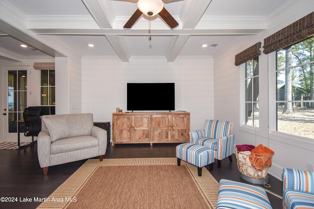 250 Old Jay Rd, Eclectic, AL 36024 - living area featuring coffered ceiling, wood finished floors, crown molding, ceiling fan, and beam ceiling
