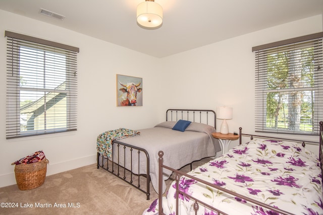 bedroom featuring light colored carpet and multiple windows