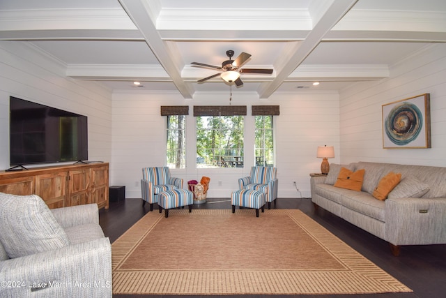 living room with dark wood-type flooring, wooden walls, and coffered ceiling