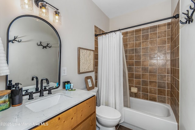 bathroom with toilet, vanity, and shower / bathtub combination with curtain