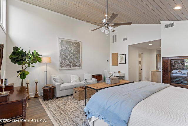 bedroom featuring visible vents, wood finished floors, and wooden ceiling