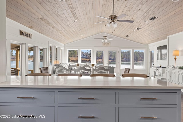 kitchen featuring visible vents, wood ceiling, gray cabinets, and light countertops