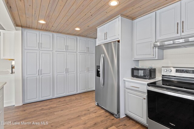 kitchen featuring under cabinet range hood, stainless steel appliances, white cabinets, and recessed lighting