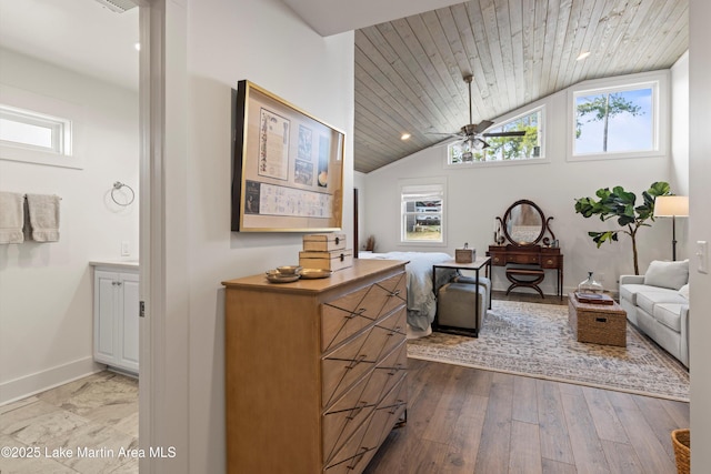 living area featuring high vaulted ceiling, a ceiling fan, wood finished floors, baseboards, and wood ceiling