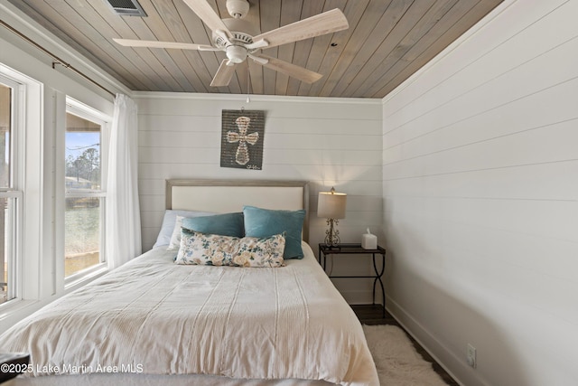 bedroom featuring visible vents, wooden ceiling, baseboards, and a ceiling fan