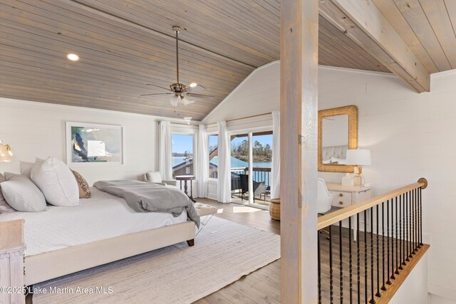 bedroom featuring wood finished floors, wood ceiling, access to exterior, and vaulted ceiling with beams