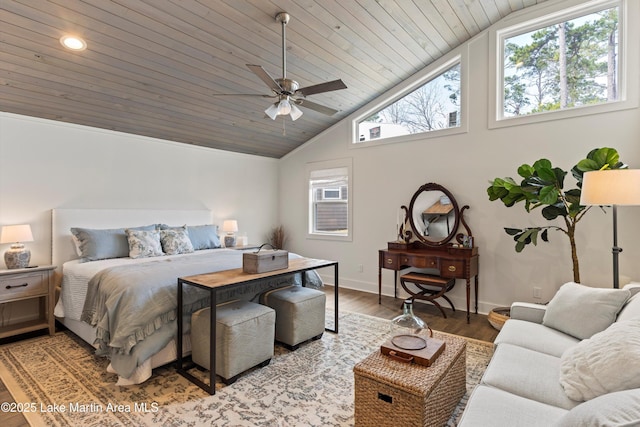 bedroom with baseboards, light wood-type flooring, lofted ceiling, wooden ceiling, and a ceiling fan