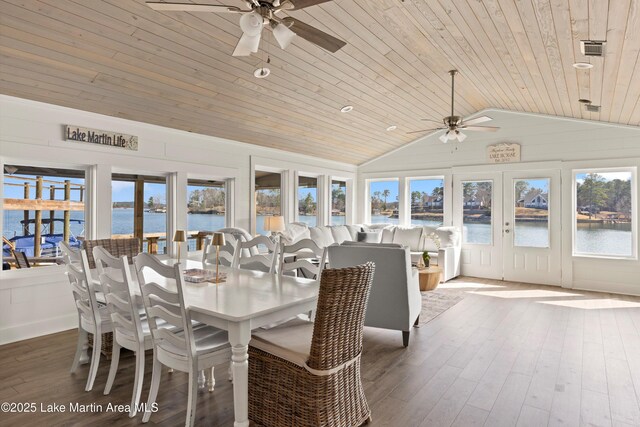 sunroom / solarium with visible vents, wooden ceiling, lofted ceiling, and a water view