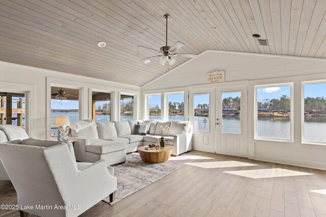 unfurnished sunroom with visible vents, wooden ceiling, lofted ceiling, and a water view