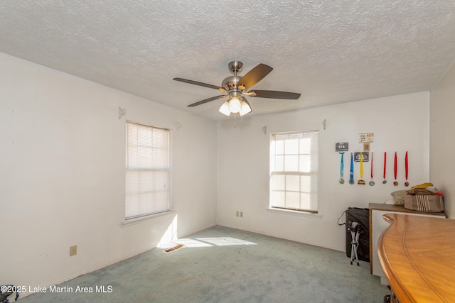 unfurnished office with light carpet, ceiling fan, and a textured ceiling