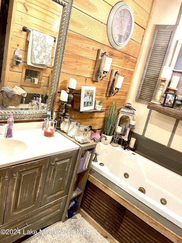 bathroom with tile patterned floors, wood walls, and a bathtub