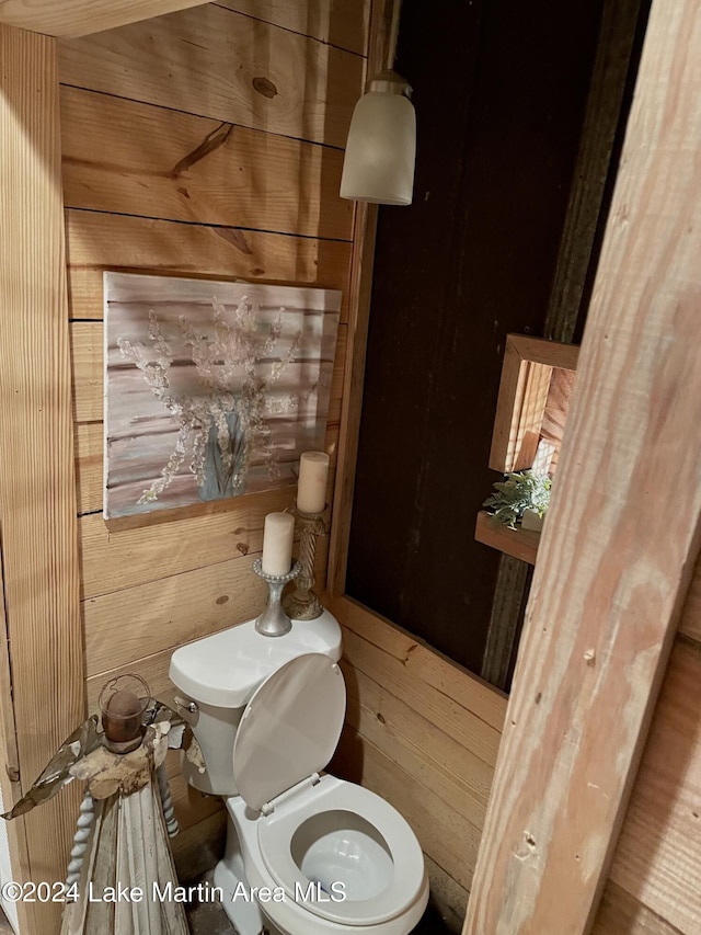 bathroom with wooden walls and toilet