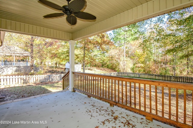 deck with a patio and ceiling fan