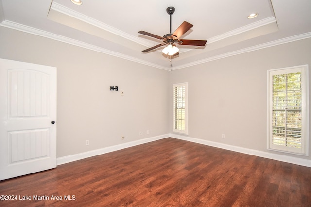 spare room featuring a raised ceiling, ceiling fan, dark hardwood / wood-style flooring, and ornamental molding