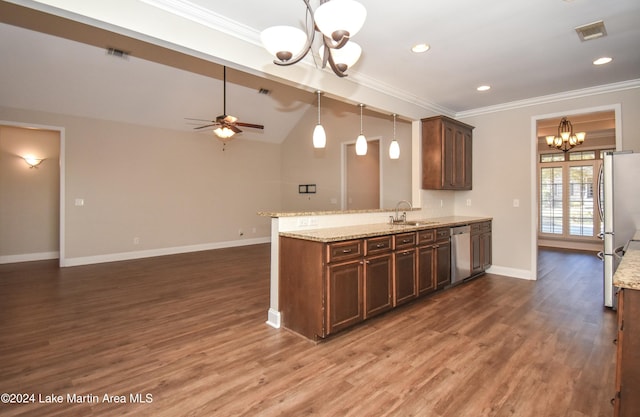 kitchen with sink, dark hardwood / wood-style flooring, stainless steel dishwasher, white refrigerator, and ceiling fan with notable chandelier