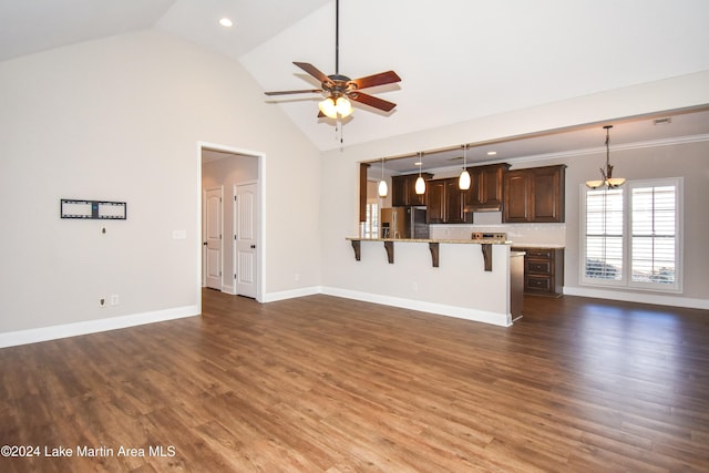 unfurnished living room featuring high vaulted ceiling, ceiling fan, and dark wood-type flooring