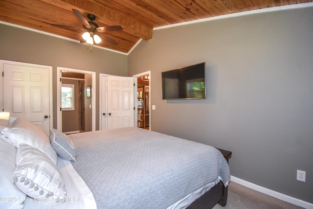 838 Bama Park Rd, Dadeville, AL 36853 - bedroom featuring wooden ceiling, dark carpet, baseboards, and ceiling fan