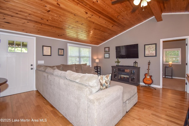 838 Bama Park Rd, Dadeville, AL 36853 - living area featuring wooden ceiling, light wood-style flooring, ceiling fan, healthy amount of natural light, and lofted ceiling