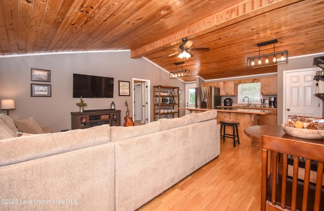 838 Bama Park Rd, Dadeville, AL 36853 - living area with light wood-style floors, wood ceiling, a ceiling fan, and lofted ceiling