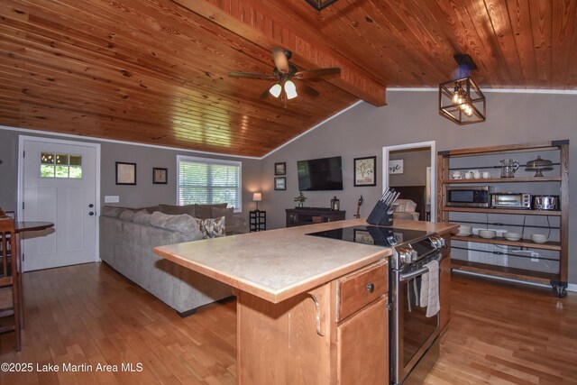 838 Bama Park Rd, Dadeville, AL 36853 - kitchen featuring appliances with stainless steel finishes, open floor plan, wooden ceiling, light wood-style floors, and ceiling fan