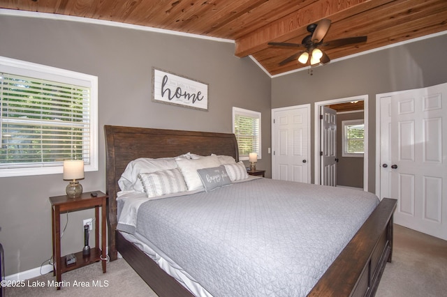 838 Bama Park Rd, Dadeville, AL 36853 - bedroom featuring carpet, wood ceiling, vaulted ceiling, and baseboards