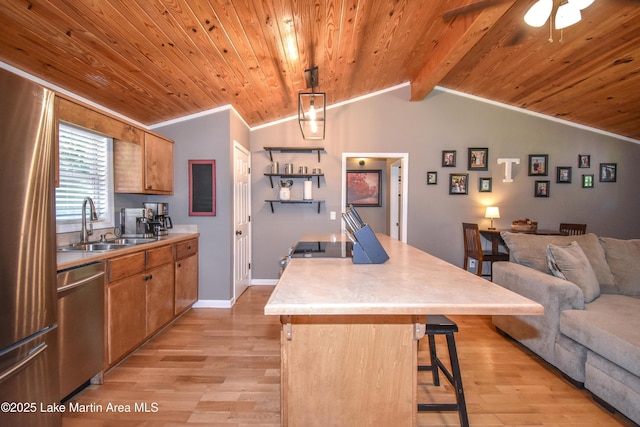 838 Bama Park Rd, Dadeville, AL 36853 - kitchen featuring stainless steel appliances, a sink, a breakfast bar area, light wood-type flooring, and wooden ceiling