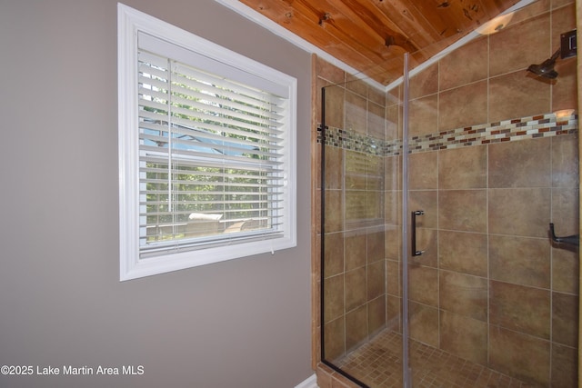 838 Bama Park Rd, Dadeville, AL 36853 - bathroom with a shower stall, healthy amount of natural light, and wooden ceiling