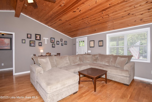 838 Bama Park Rd, Dadeville, AL 36853 - living area with light wood finished floors, baseboards, wooden ceiling, and ceiling fan