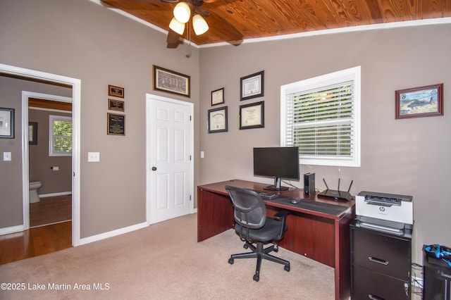 838 Bama Park Rd, Dadeville, AL 36853 - carpeted office space featuring wood ceiling, ceiling fan, vaulted ceiling, and baseboards