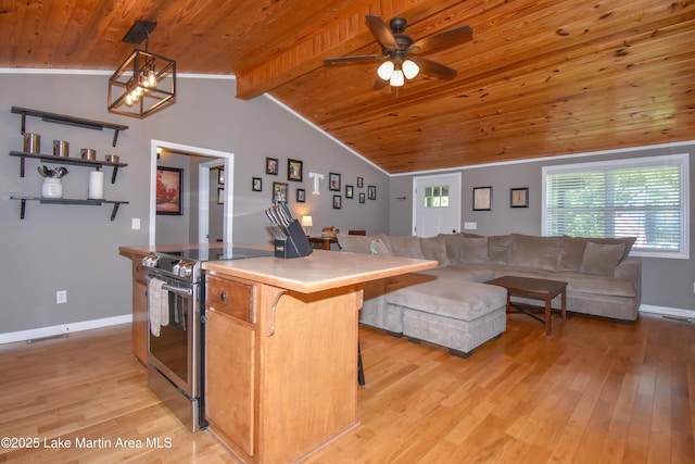 838 Bama Park Rd, Dadeville, AL 36853 - kitchen featuring stainless steel electric stove, wood ceiling, light wood finished floors, a kitchen bar, and a ceiling fan