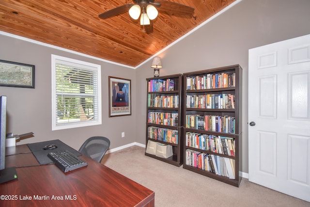 838 Bama Park Rd, Dadeville, AL 36853 - home office featuring wood ceiling, lofted ceiling, ceiling fan, carpet, and baseboards