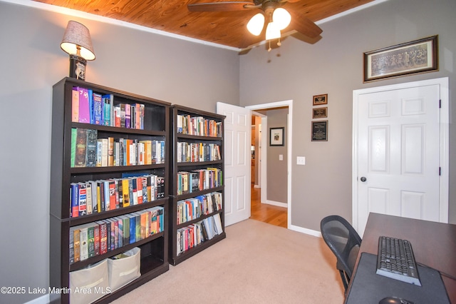 838 Bama Park Rd, Dadeville, AL 36853 - carpeted office with a ceiling fan, wood ceiling, and baseboards