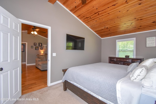 838 Bama Park Rd, Dadeville, AL 36853 - bedroom with lofted ceiling, wooden ceiling, baseboards, and light carpet
